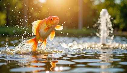 Goldfish leaping above pond water, joyful moment in nature