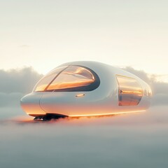 Futuristic White Vehicle Above Sunset Clouds