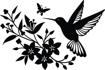 Silhouette hummingbird and flower isolated on white background
