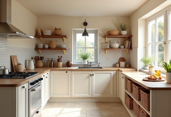 Fototapeta premium Embrace the rustic charm of a cottage kitchen: Stone pavers floor, wicker and rattan storage, and painted plaster walls create a visually stunning and functional space.