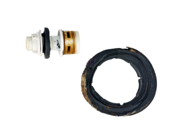 The plumber hand repair the sanitary equipment in old dirty empty drain water tank closeup - DIY WC service at home.Top view