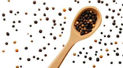 Png of A wooden spoon filled with a variety of peppercorns scattered on transparent background.