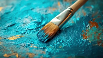 A vibrant turquoise canvas holds a slender wooden paintbrush, its bristles dipped in hues of blue and green, ready to capture the essence of the world on its surface.