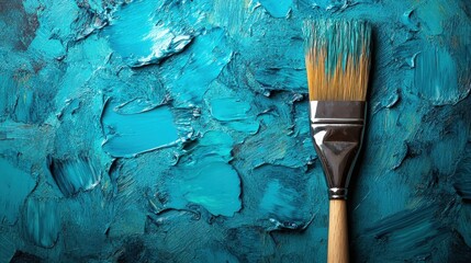 A vibrant turquoise canvas holds a slender wooden paintbrush, its bristles dipped in hues of blue and green, ready to capture the essence of the world on its surface.