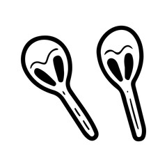 Maracas musical instrument. Hand drawn doodle. Musician's percussion noise equipment. Rattle. Rustling sound. Vector line art illustration.