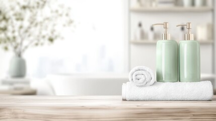 Luxurious minimalist bathroom interior with natural elements pastel colored toiletries fluffy white towel and a serene spa like ambiance  Peaceful and calming setting for personal care and relaxation