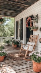 Charming Country Porch: Rocking Chair, Flowers, and Rustic Decor - A Serene Outdoor Haven for Relaxation and Peaceful Moments in a Cozy Home Setting