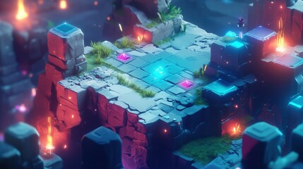 Isometric gaming-inspired landscape featuring vibrant terrain, dynamic lighting, and interactive UI elements set in a mystical environment