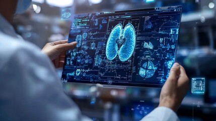 Medical Professional Analyzing High-Tech Lung Images on Screen