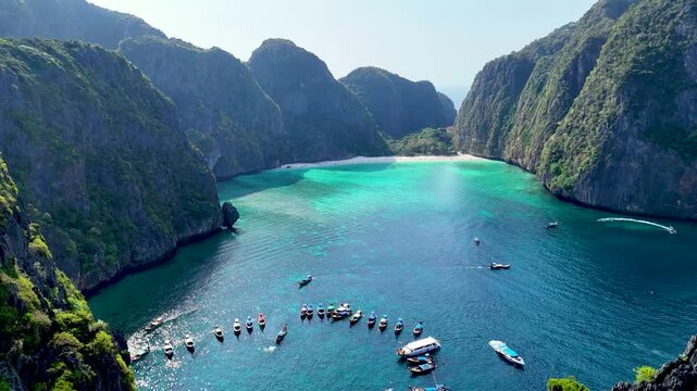 Drone video of beautiful Maya Bay, Phi Phi island, Thailand