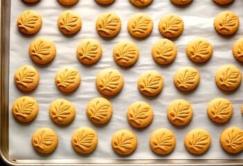 Obraz premium Cookies freshly baked on a sheet of parchment paper.