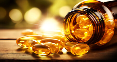 Extreme close-up of a group of Fish Oil Omega 3 Capsules Vitamin with EPA and DHA, inside a small glass bottle, on a wooden table. Generative Ai.