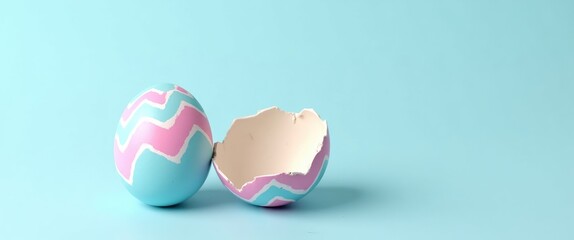 Pink and blue Easter egg shattered and opened in two halves. Vacant space for text or product.