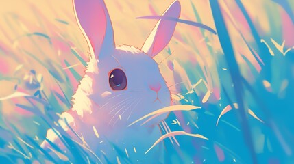 A cute rabbit nestled in vibrant grass, showcasing its fluffy fur and bright eyes.