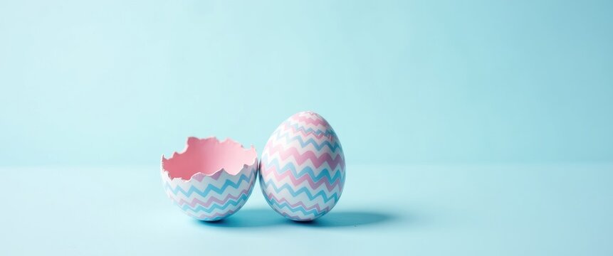 Pink and blue Easter egg split open and cracked in two. Blank space available for text or product.
