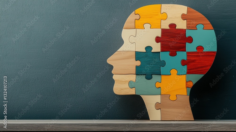 Poster puzzle pieces arranged in the shape of a human head symbolizing the intricate mental processes and c