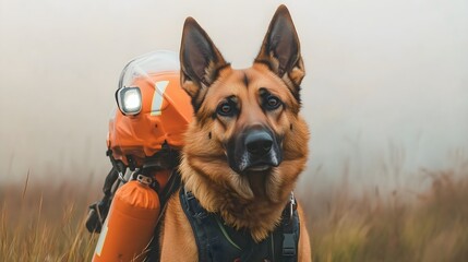 German shepherd dog with backpack in misty forest after wildfire. Working rescue canine with orange equipment in smoky woods. Search rescue operations, wilderness survival, emergency services