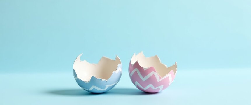 Easter egg in pink and blue, cracked open and split in half. Empty space available for text or product.
