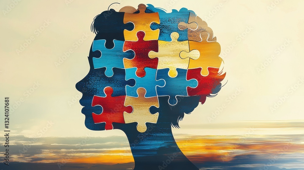 Poster puzzle shaped brain representing creative thinking and mental growth concept of intelligence problem