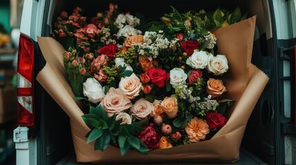 A delivery van filled with an array of colorful flowers, illustrating the beauty and variety of floral arrangements available for various occasions and celebrations.