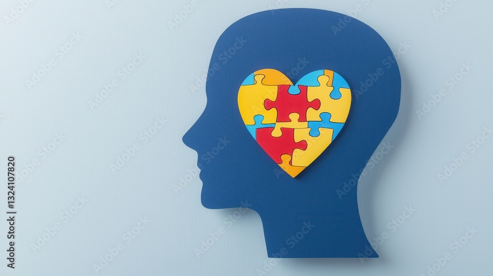 Poster conceptual depicting the human mind and cognitive processes through a symbolic heart shaped puzzle d
