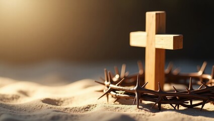 Passion Of Jesus Christ. Wooden cross and crown of thorns placed on sand, design for banner.