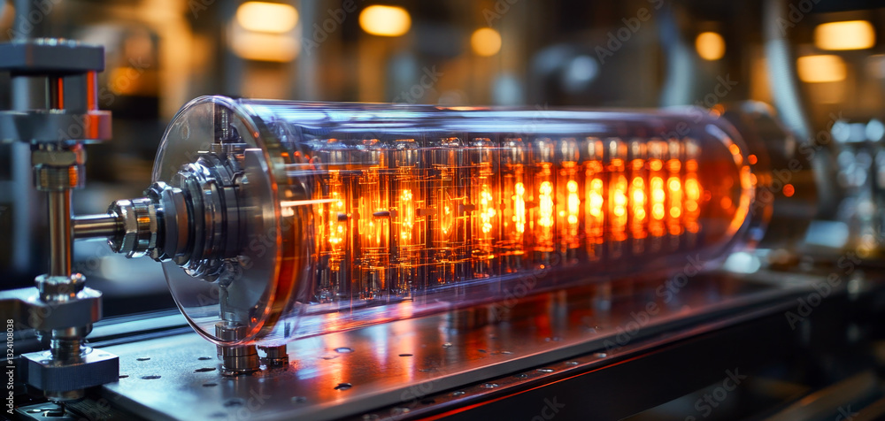 Fototapete A quantum computing apparatus is illuminated inside a lab. The transparent cylinder contains active qubits, showcasing processes like superposition and entanglement.