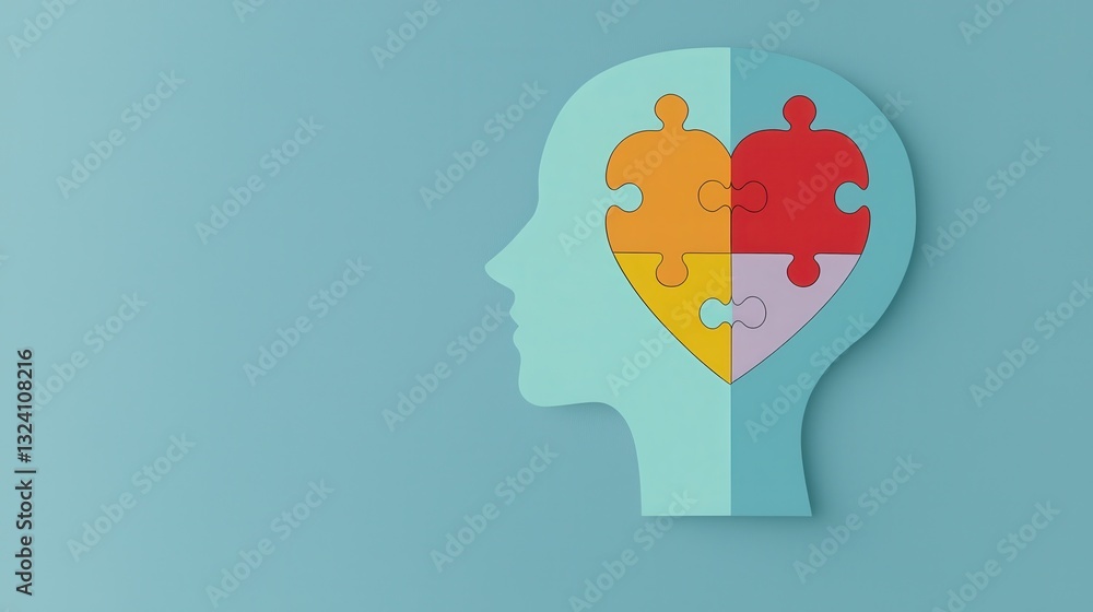 Poster conceptual image of a human head silhouette with colorful jigsaw puzzle pieces representing differen