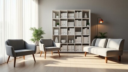 Office of a psychologist featuring cozy chairs, a sofa, and bookshelves filled with books.