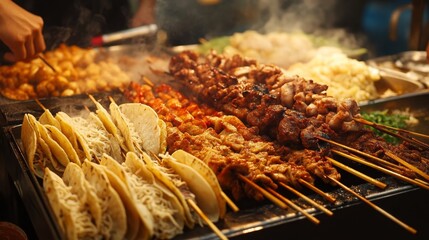 shashlik, tacos, potatoes, cheese, vegetables