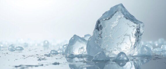 Transparent crushed ice piece with cracks against an ice background.
