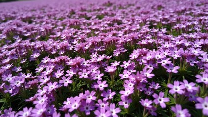 Naklejka premium Creeping purple phlox subulate flowers in a garden. Blooming moss for landscape design. Bright perennial herbaceous plant covering the ground. Growing violet hues of a nature carpet.