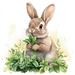 Obraz premium Watercolor cute bunny on fresh greenery meadow, 