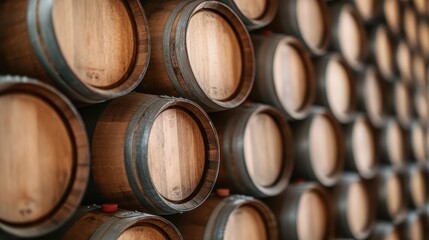 An arrangement of handcrafted wooden barrels, beautifully aged and showcasing intricate details that reflect the timeless craftsmanship of barrel-making traditions.