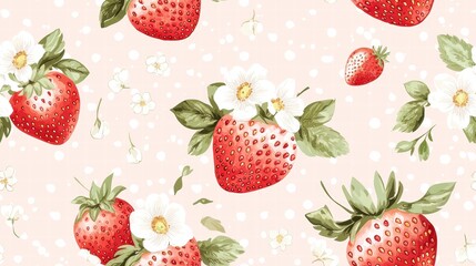Seamless pattern with Strawberry Delight Pattern with Delicate Floral Accents for Sweet Summer Aesthetic Print Design