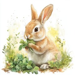Watercolor cute bunny on fresh greenery meadow, 