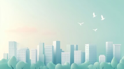 Flat-style urban landscape with a soft pastel mint gradient, stylized cute buildings, and a dreamy, minimalistic composition.
