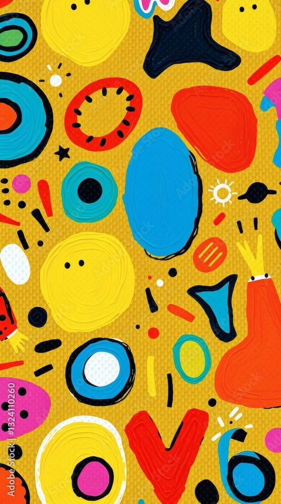 Poster a vibrant and abstract pattern with a yellow backdrop, various shapes, and bright colors, creating a cheerful and playful visual