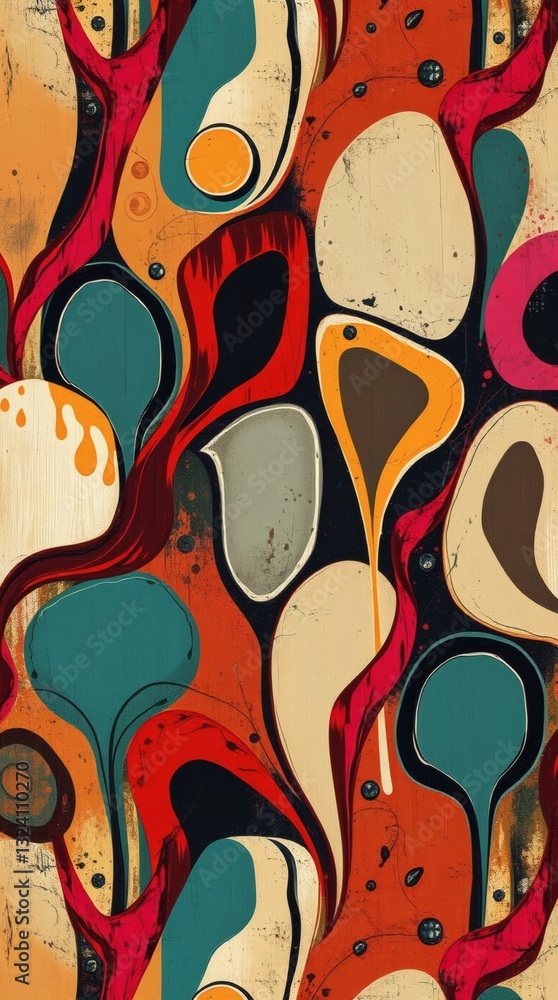 Aufkleber abstract retro art style seamless pattern with vivid colors and organic shapes, creating a dynamic visual experience. This artwork evokes a sense of retro design.