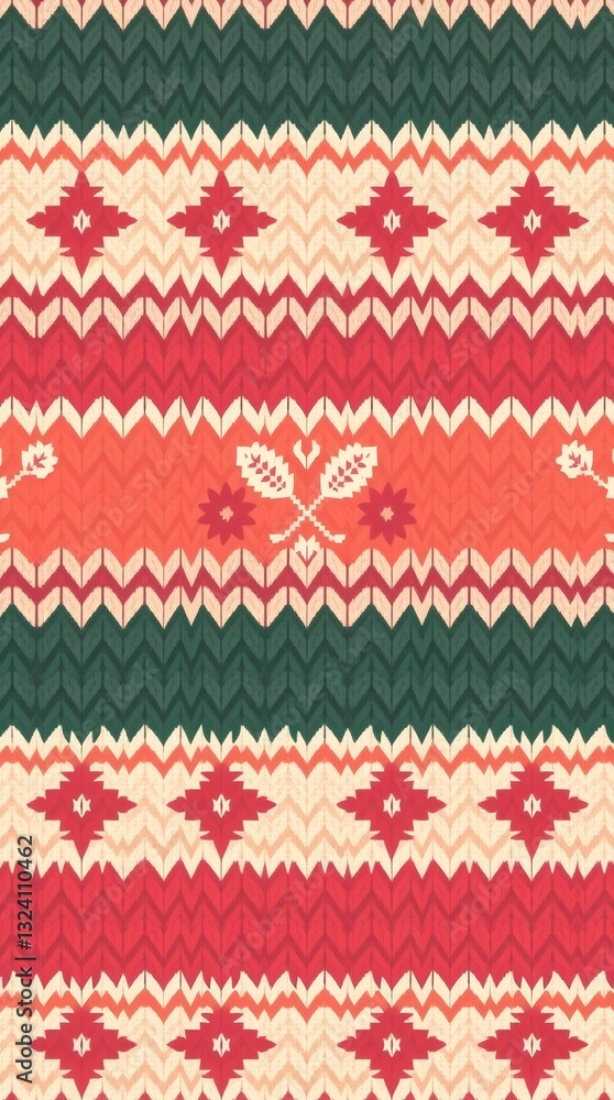 Poster a vibrant and intricate knitted pattern design, featuring various geometric and floral motifs, in a 