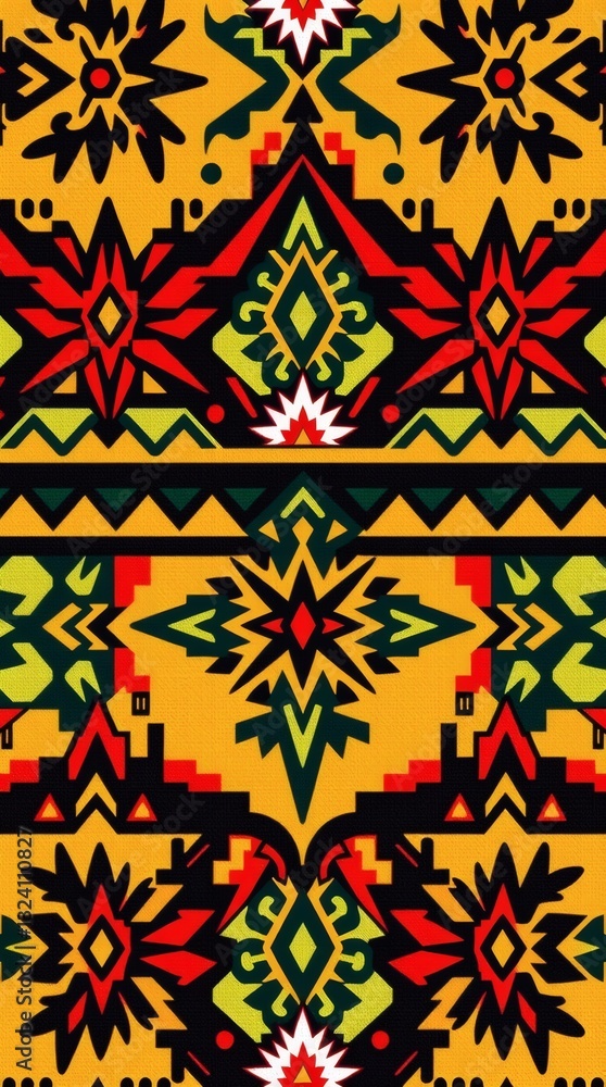 Poster a vibrant colorful geometric pattern with intricate details, creating a captivating visual experience. The design uses warm tones with touches of red and green