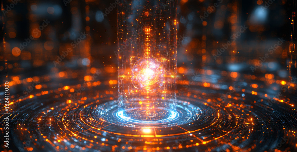 Poster A dynamic representation of quantum computing concepts featuring qubits in superposition and entanglement. Illustrates decoherence effects in an abstract yet captivating digital landscape.