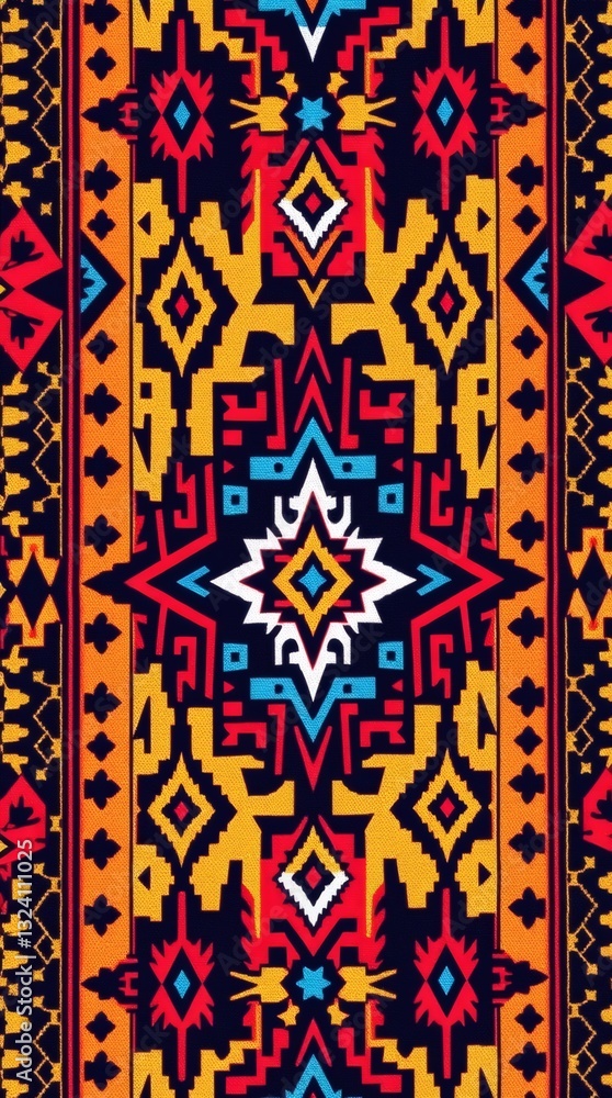 Poster a detailed and vibrant textile pattern with geometric designs and a rich color palette