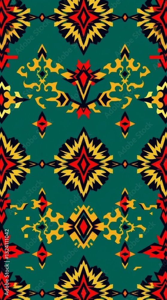 Poster an ornate, repeating pattern with vibrant colors and intricate designs