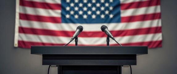 Podium lectern featuring two microphones with a flag in the background.