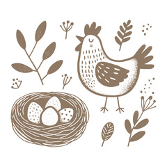 Minimalistic hand-drawn hen with nest and eggs in black and white	
