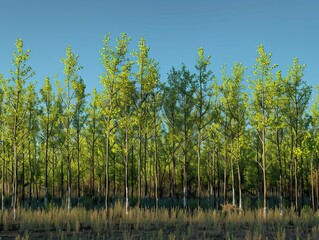 Obraz premium Serene Forest Canopy, A Symphony of Green Under Clear Azure Skies