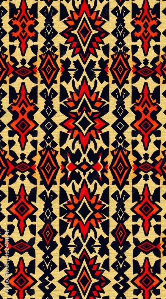 Poster an intricate and colorful patterned textile featuring geometric tribal designs. the artwork showcase