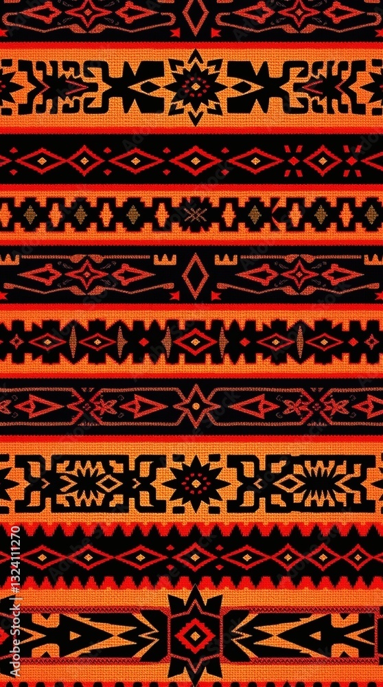 Poster ethnic patterned design with orange and black intricate detailed borders. this design is perfect for