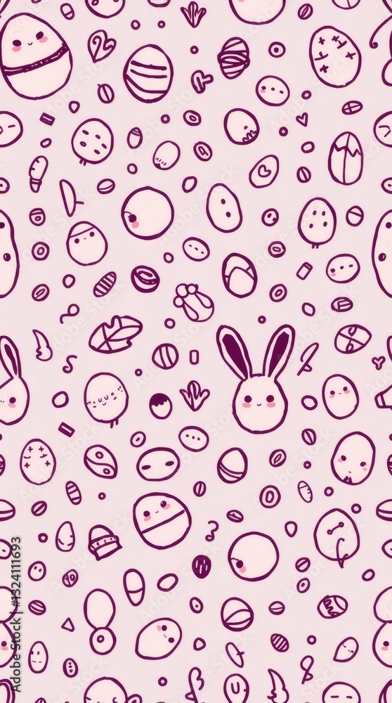 Poster a pattern with easter eggs and bunny illustration with doodle style on the surface